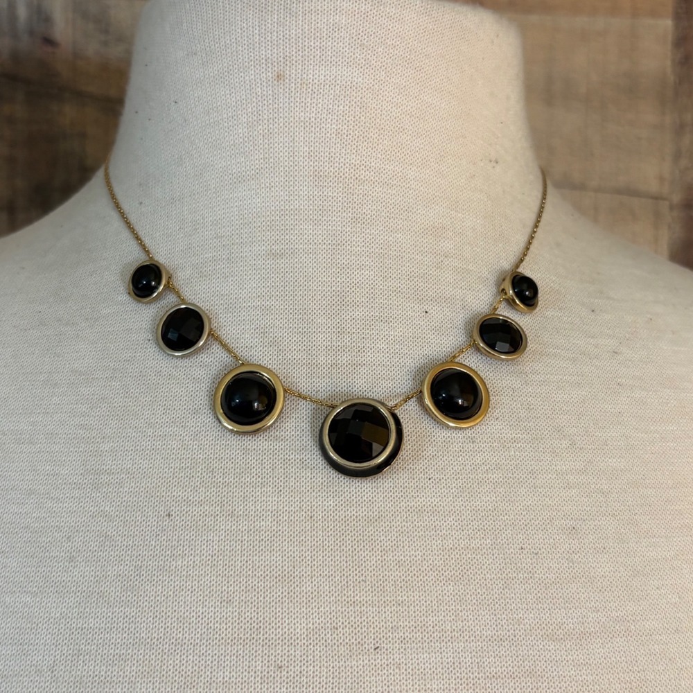 Gold Tone Black Faceted Round Cabochon Graduated Bib Necklace